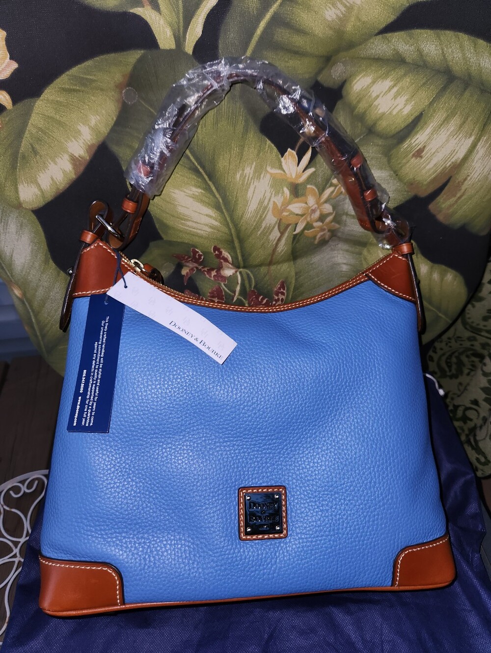 Dooney & Bourke Light Blue Pebbled Leather Shoulder Bag with Brown Trim